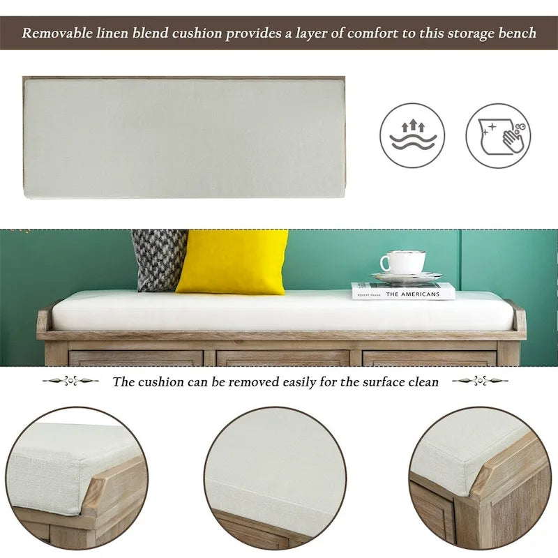 Three-drawer storage bench with three woven storage baskets.