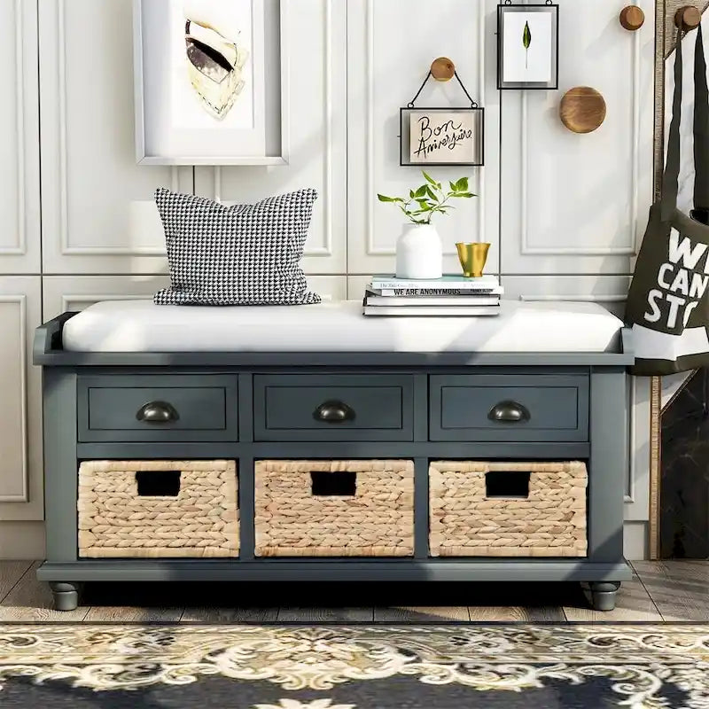 Three-drawer storage bench with three woven storage baskets.