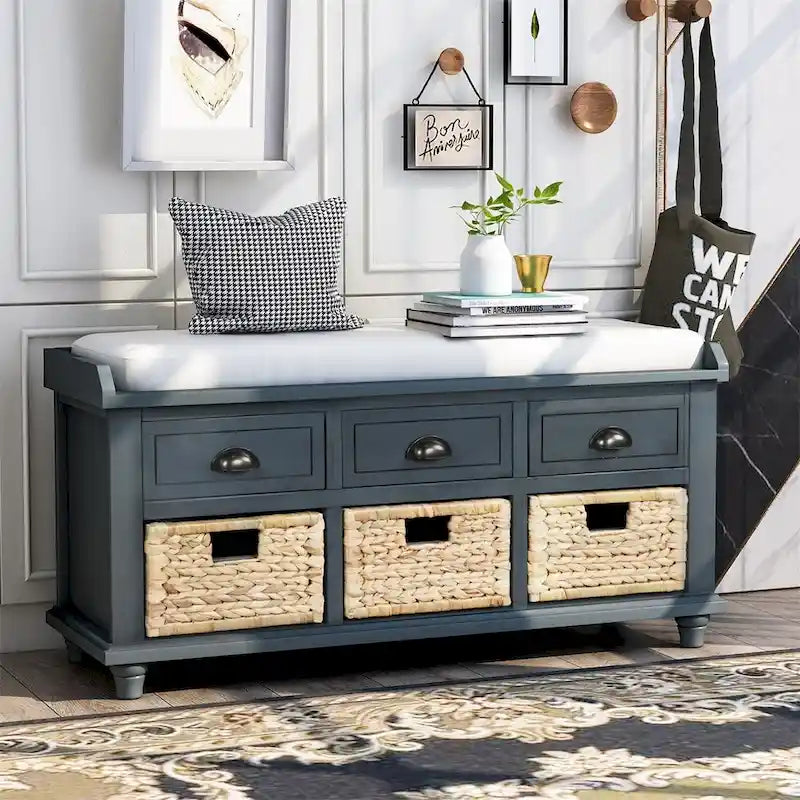 Three-drawer storage bench with three woven storage baskets.