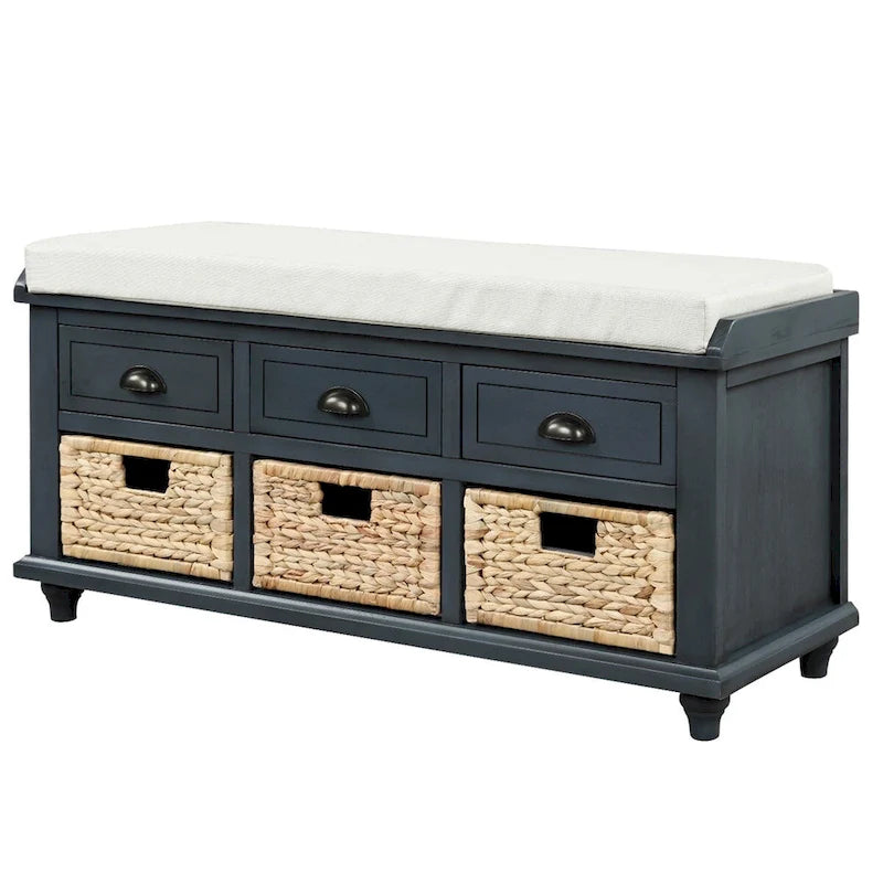 Three-drawer storage bench with three woven storage baskets.