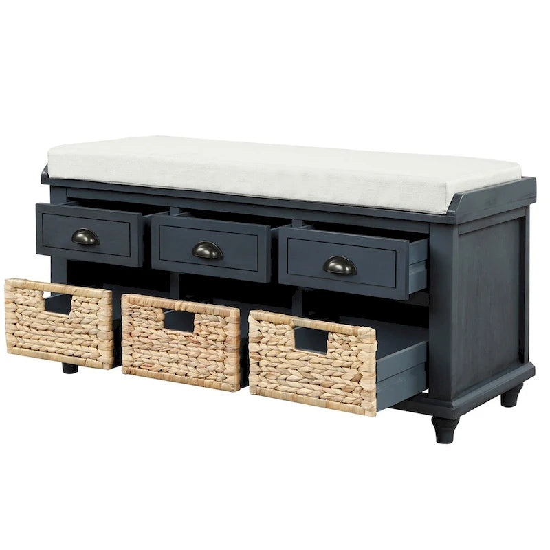 Three-drawer storage bench with three woven storage baskets.