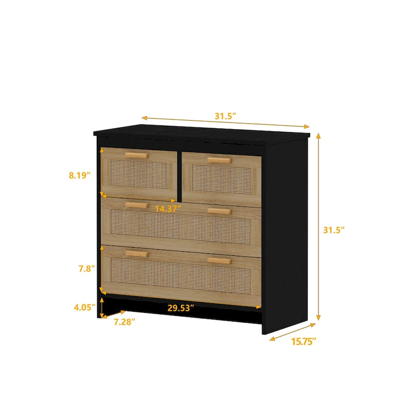 4 Drawers Wood Rattan Cabinet