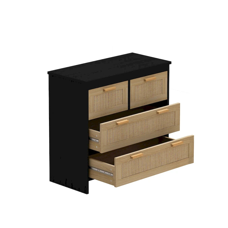 4 Drawers Wood Rattan Cabinet