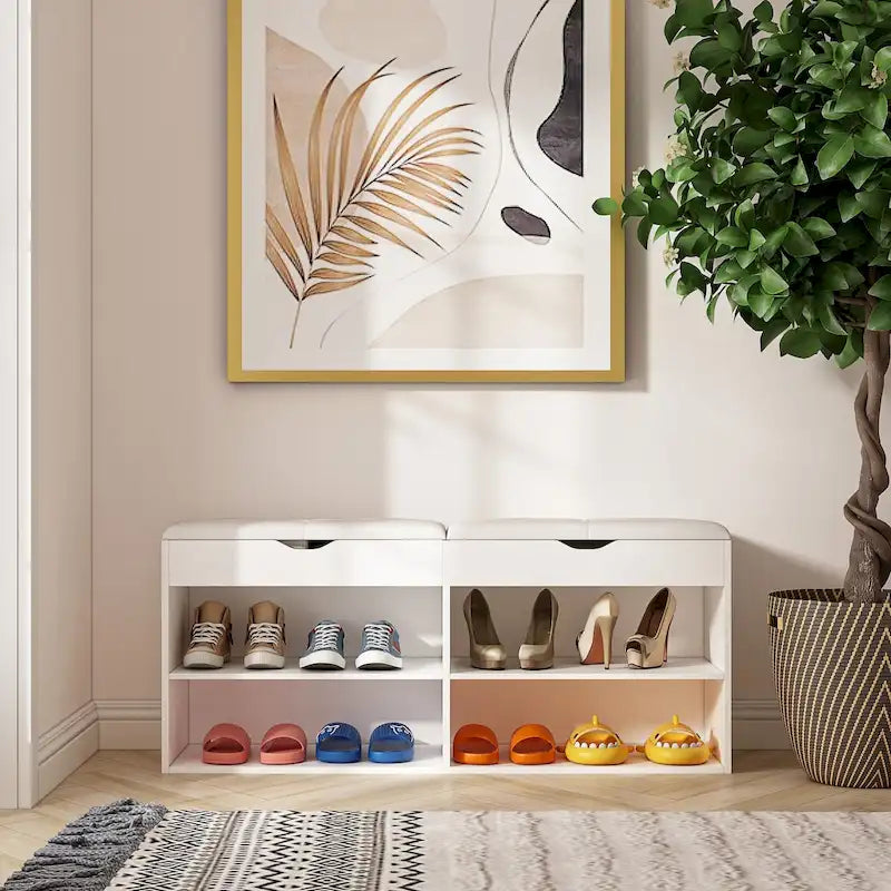 The shoe rack in the entryway features a hidden compartment beneath the seat, the double-door cabinet has fixed shelves, the single-door cabinet offers ample storage space, and the large side shelf can be used for storing...