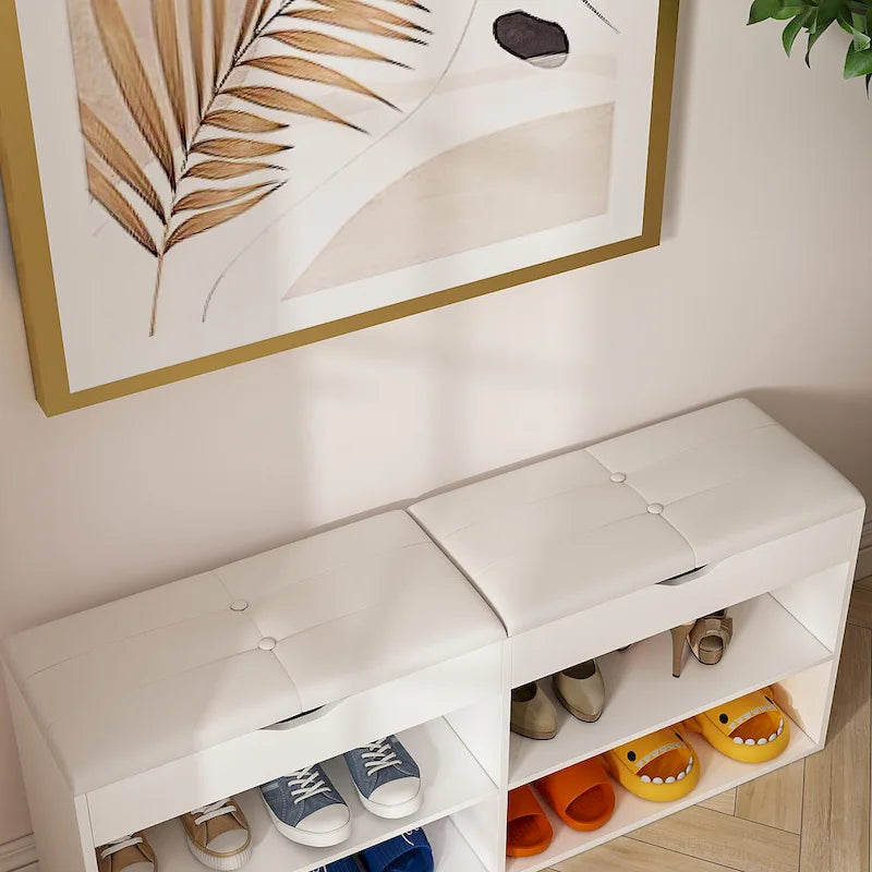 The shoe rack in the entryway features a hidden compartment beneath the seat, the double-door cabinet has fixed shelves, the single-door cabinet offers ample storage space, and the large side shelf can be used for storing...