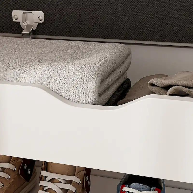 The shoe rack in the entryway features a hidden compartment beneath the seat, the double-door cabinet has fixed shelves, the single-door cabinet offers ample storage space, and the large side shelf can be used for storing...