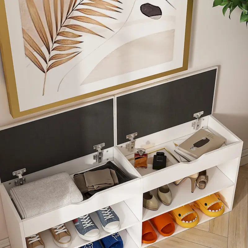 The shoe rack in the entryway features a hidden compartment beneath the seat, the double-door cabinet has fixed shelves, the single-door cabinet offers ample storage space, and the large side shelf can be used for storing...
