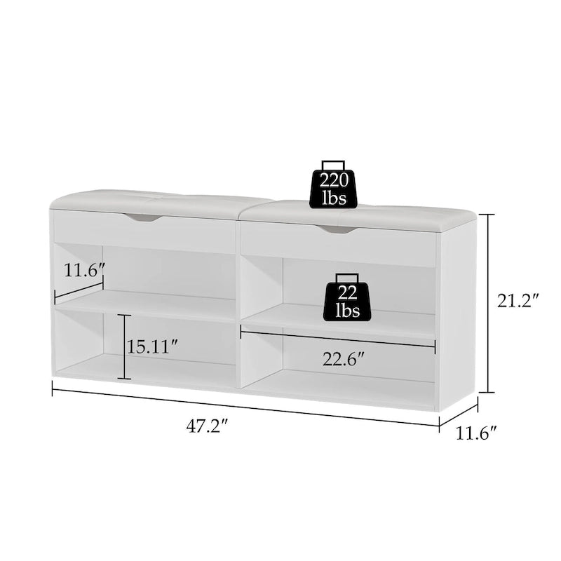The shoe rack in the entryway features a hidden compartment beneath the seat, the double-door cabinet has fixed shelves, the single-door cabinet offers ample storage space, and the large side shelf can be used for storing...
