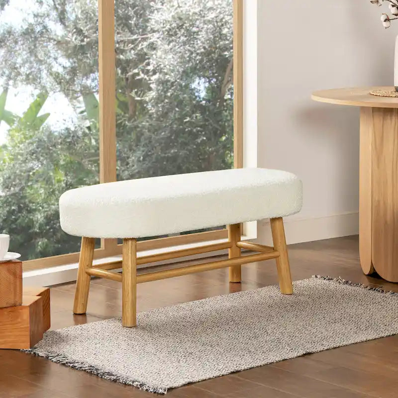 Oval Bench, Cream Faux Shearling, Wood Legs, 2-Seater
