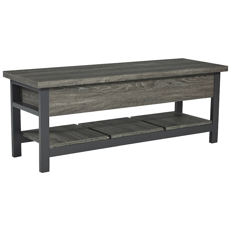 Storage Bench with Hinged Seat & Plank Shelf, 48" Wide, Gray-Brown Wood Grain & Black Legs