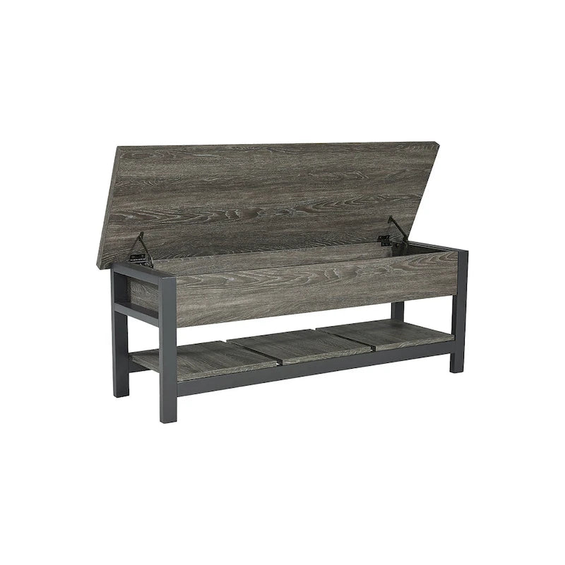 Storage Bench with Hinged Seat & Plank Shelf, 48" Wide, Gray-Brown Wood Grain & Black Legs
