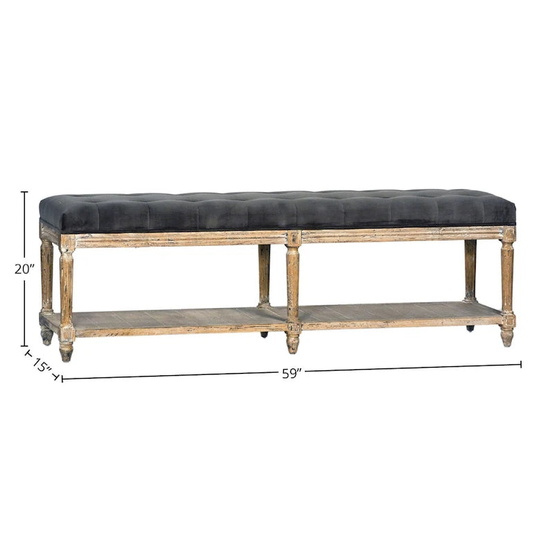 Padded bench with tufted detailing and storage shelf, charcoal gray.