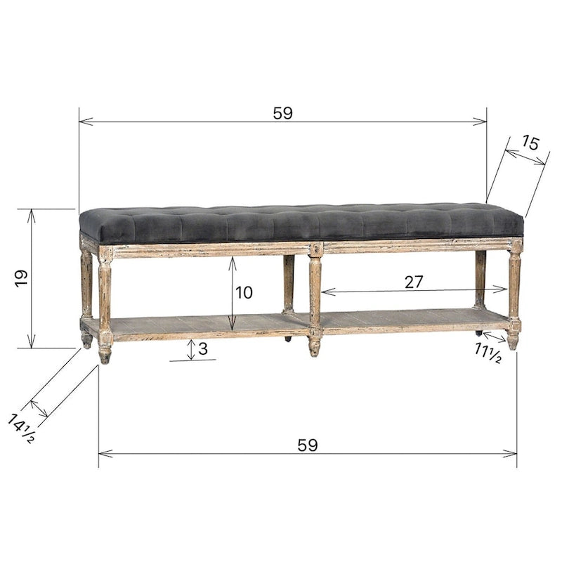Padded bench with tufted detailing and storage shelf, charcoal gray.