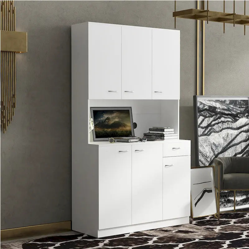 White 71-inch tall kitchen cabinet/storage unit with 6 doors.