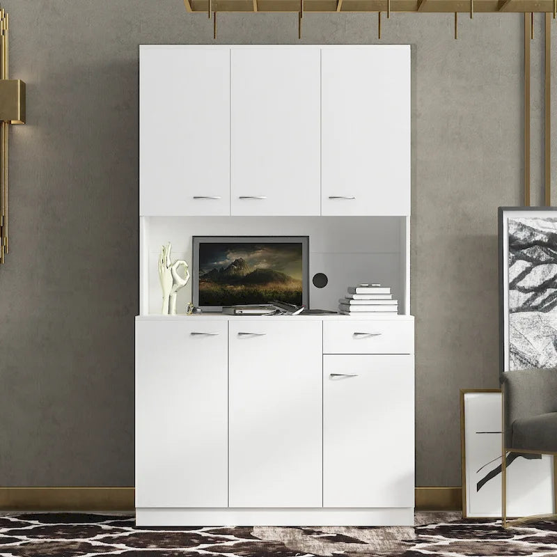 White 71-inch tall kitchen cabinet/storage unit with 6 doors.