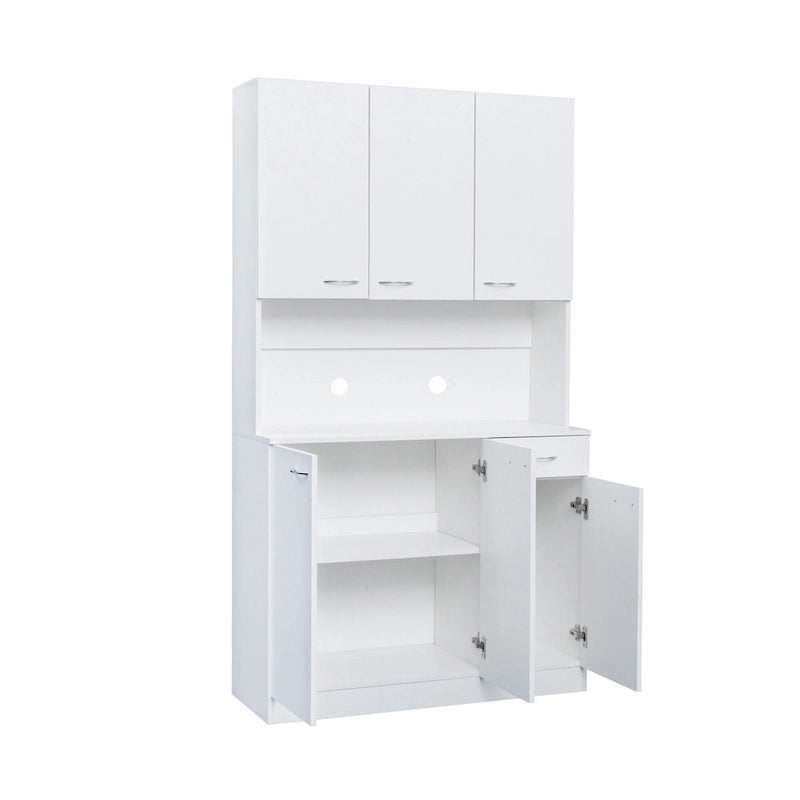 White 71-inch tall kitchen cabinet/storage unit with 6 doors.