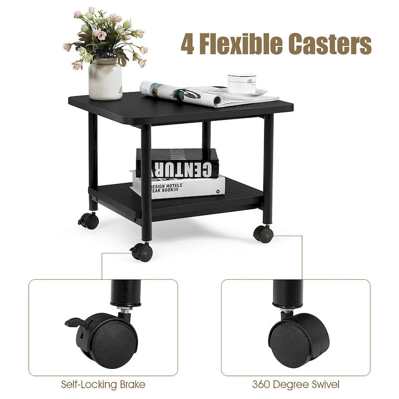 2 Tier Rolling Printer Cart Storage Stand Under Desk with Casters