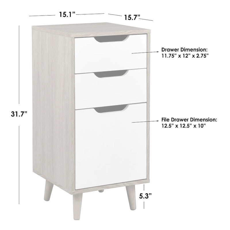 Wooden File Cabinet With Tapered Legs — 2 Supply Drawers & 1 Letter-Size File Drawer, Mid-Century Office Storage, 31.7" High