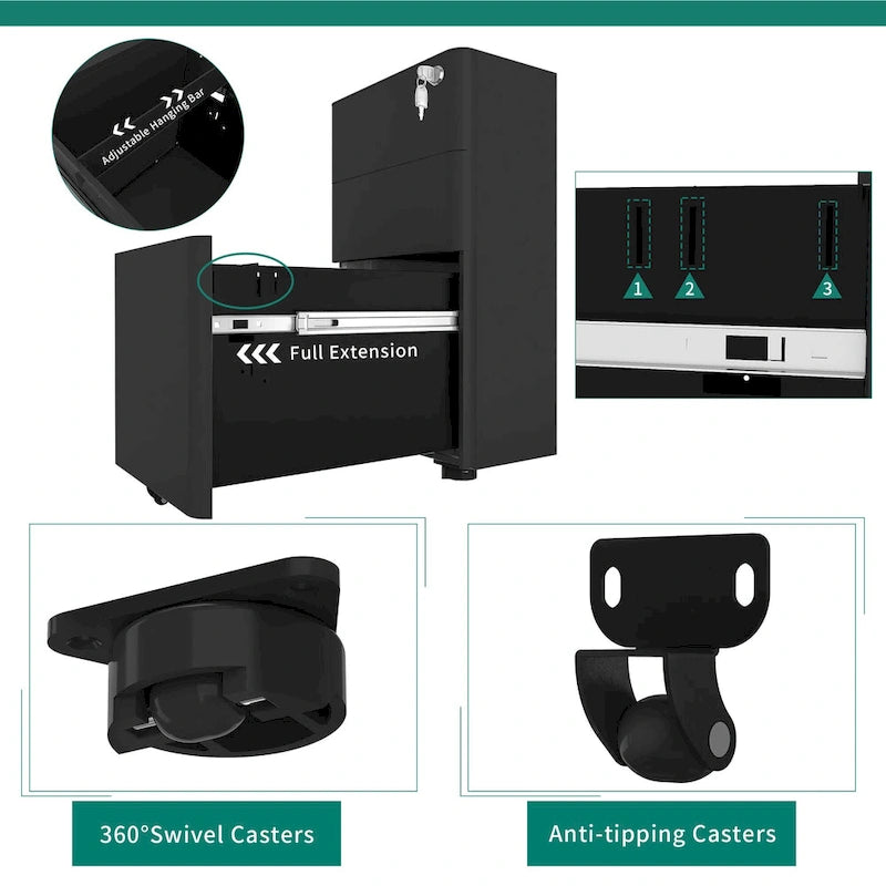 Modern 3-Drawer Mobile Steel File Cabinet