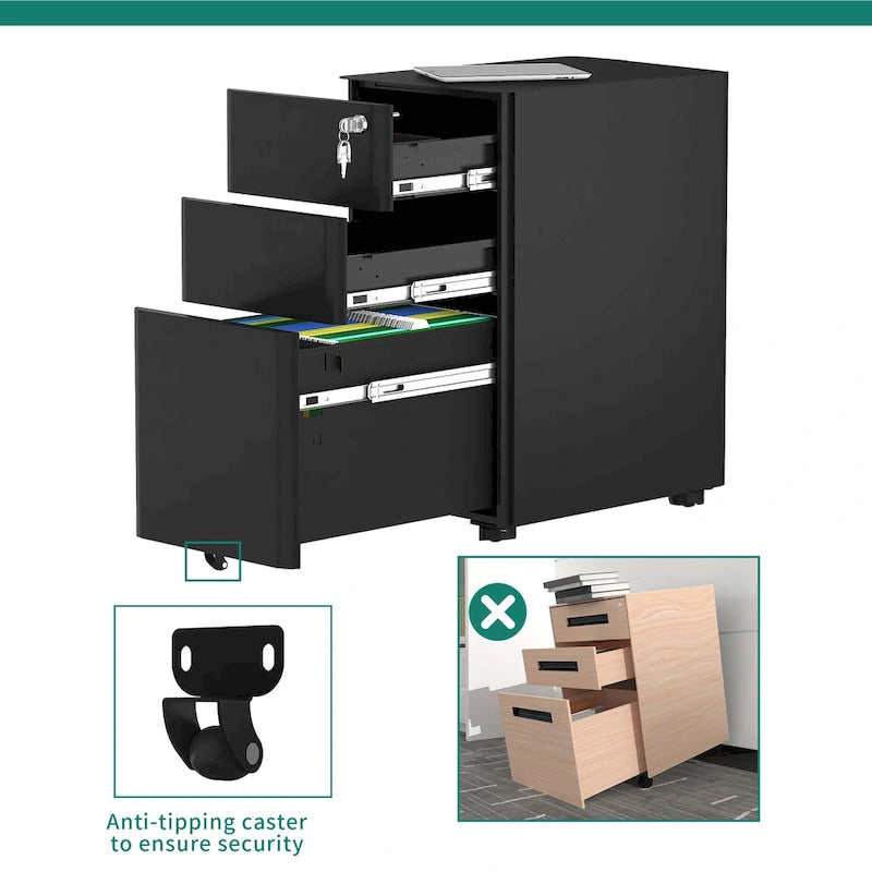 Modern 3-Drawer Mobile Steel File Cabinet