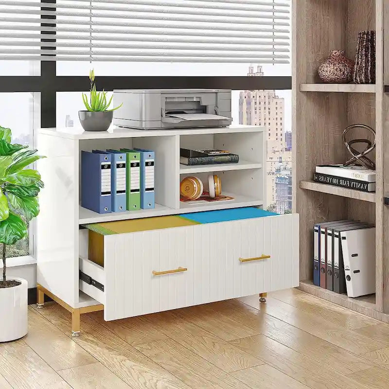 Lateral File Cabinet with Drawer, White Filing Cabinet for A4/Letter