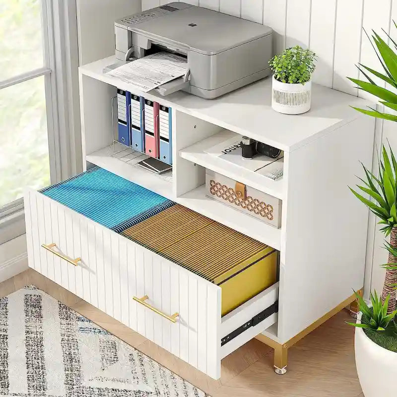 Lateral File Cabinet with Drawer, White Filing Cabinet for A4/Letter