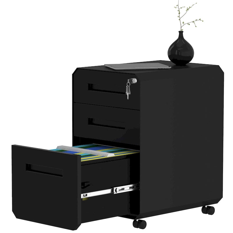 Modern Polygon 3-Drawer Wheeled Steel File Cabinet