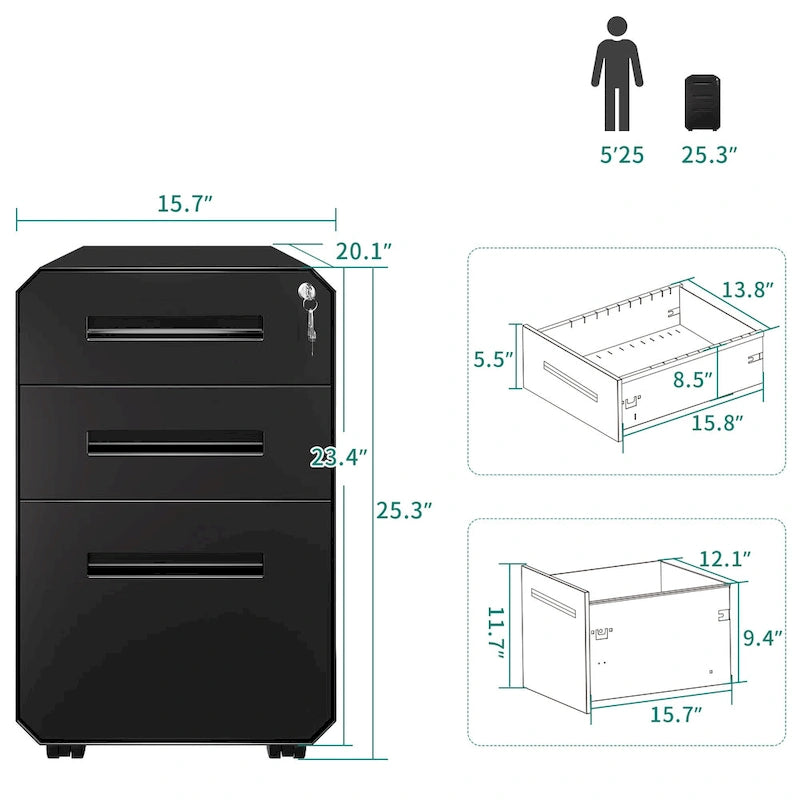 Modern Polygon 3-Drawer Wheeled Steel File Cabinet