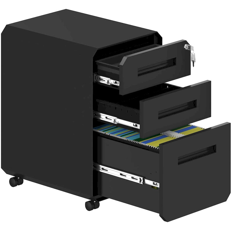 Modern Polygon 3-Drawer Wheeled Steel File Cabinet