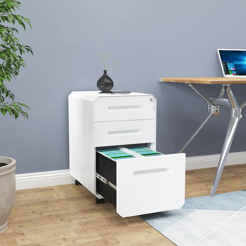 Modern Polygon 3-Drawer Wheeled Steel File Cabinet