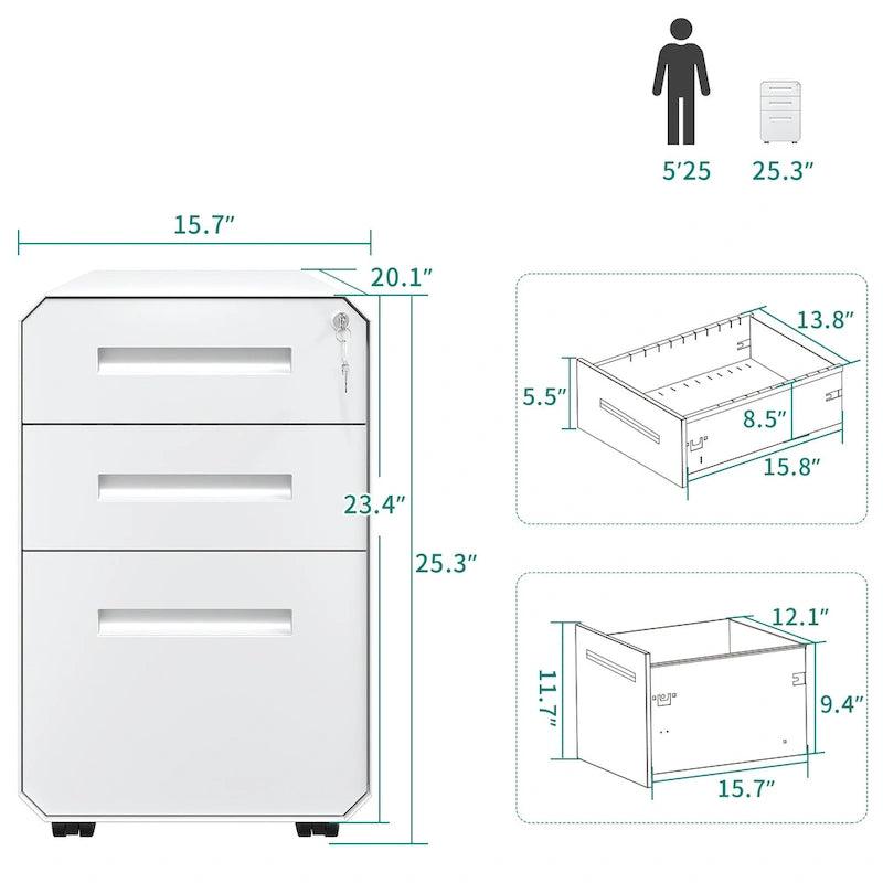 Modern Polygon 3-Drawer Wheeled Steel File Cabinet