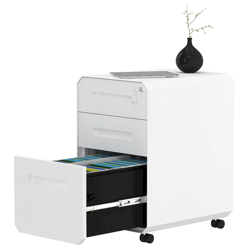 Modern Polygon 3-Drawer Wheeled Steel File Cabinet