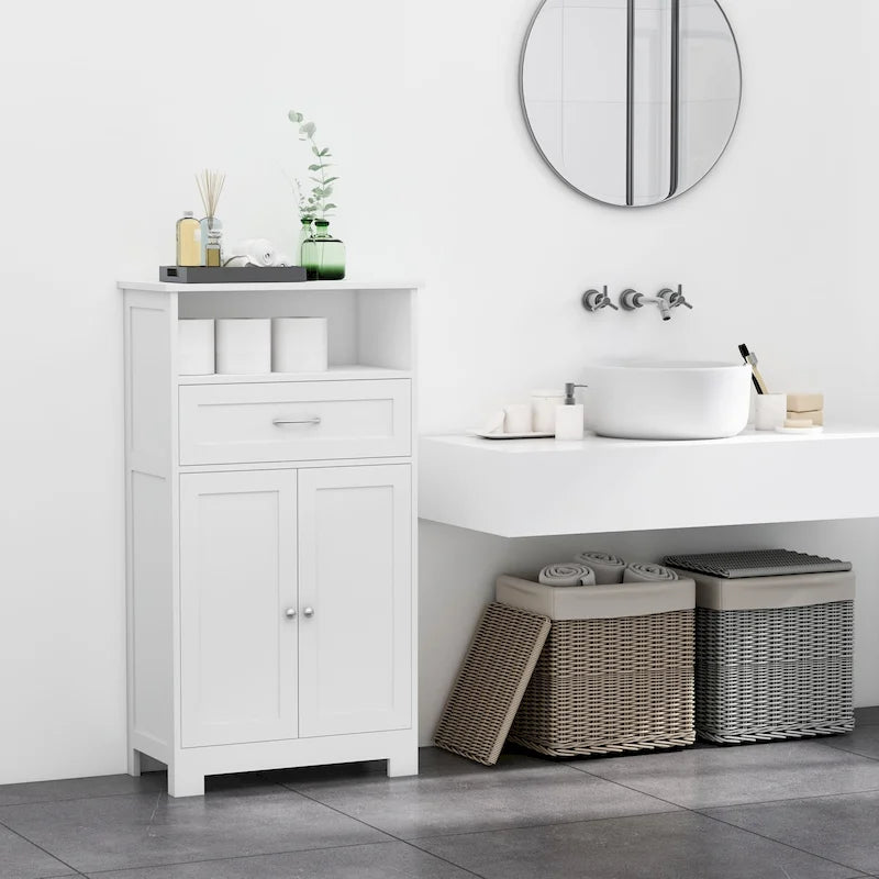 Modern bathroom storage cabinet, freestanding cabinet with drawers and adjustable shelves.