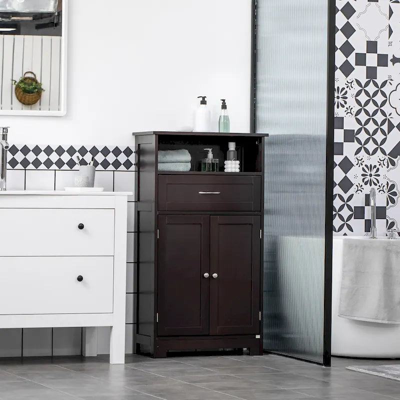 Modern bathroom storage cabinet, freestanding cabinet with drawers and adjustable shelves.