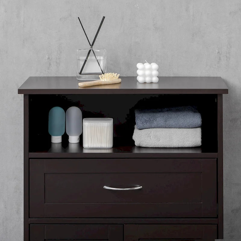 Modern bathroom storage cabinet, freestanding cabinet with drawers and adjustable shelves.