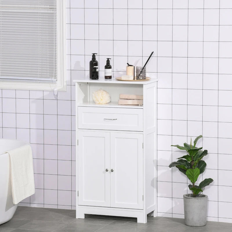 Modern bathroom storage cabinet, freestanding cabinet with drawers and adjustable shelves.