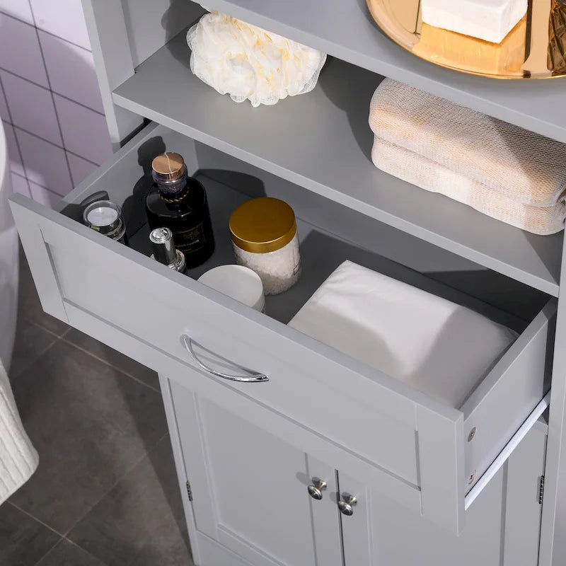 Modern bathroom storage cabinet, freestanding cabinet with drawers and adjustable shelves.