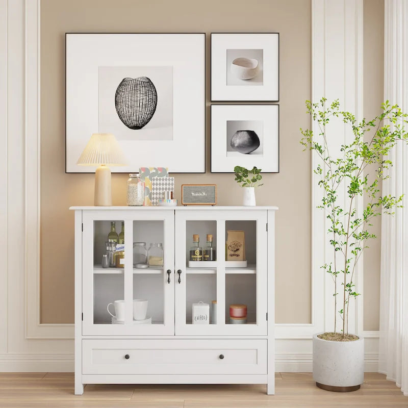 Buffet storage cabinet with double glass doors and unique bell handle