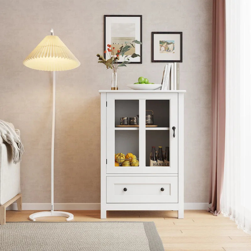 Buffet storage cabinet with double glass doors and unique bell handle