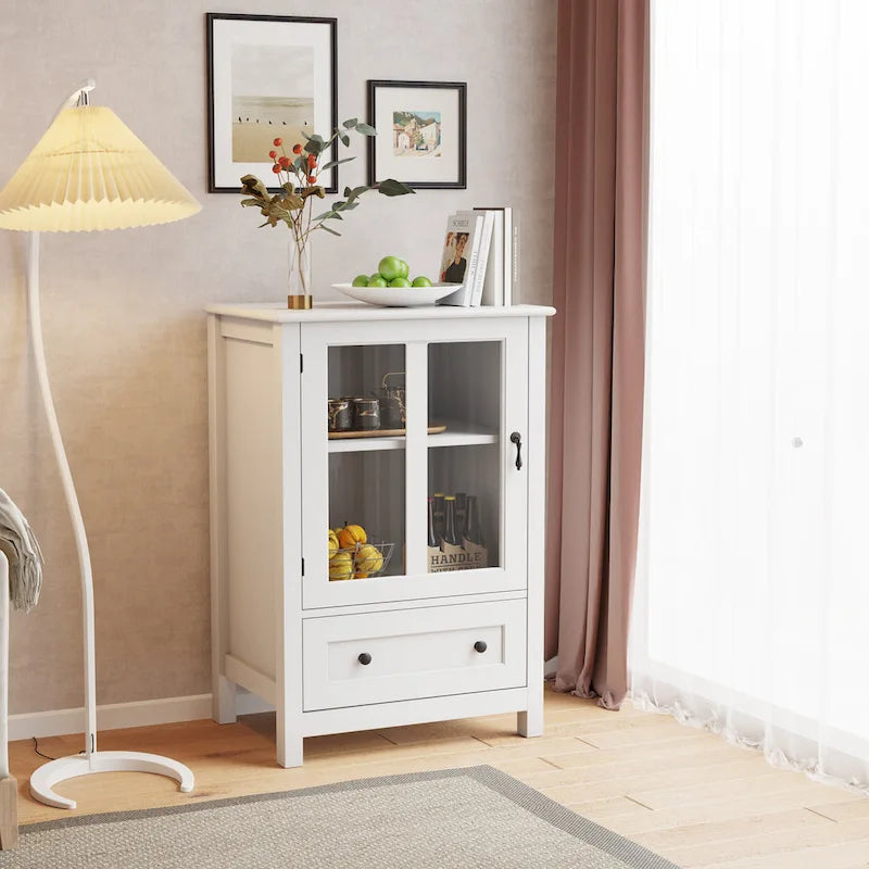 Buffet storage cabinet with double glass doors and unique bell handle