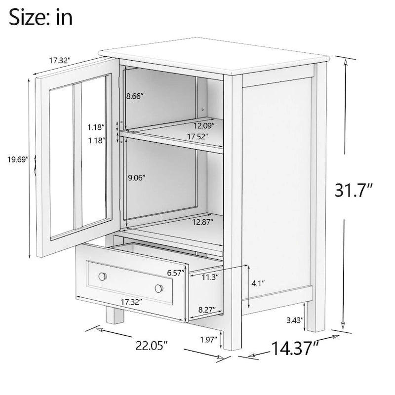 Buffet storage cabinet with double glass doors and unique bell handle