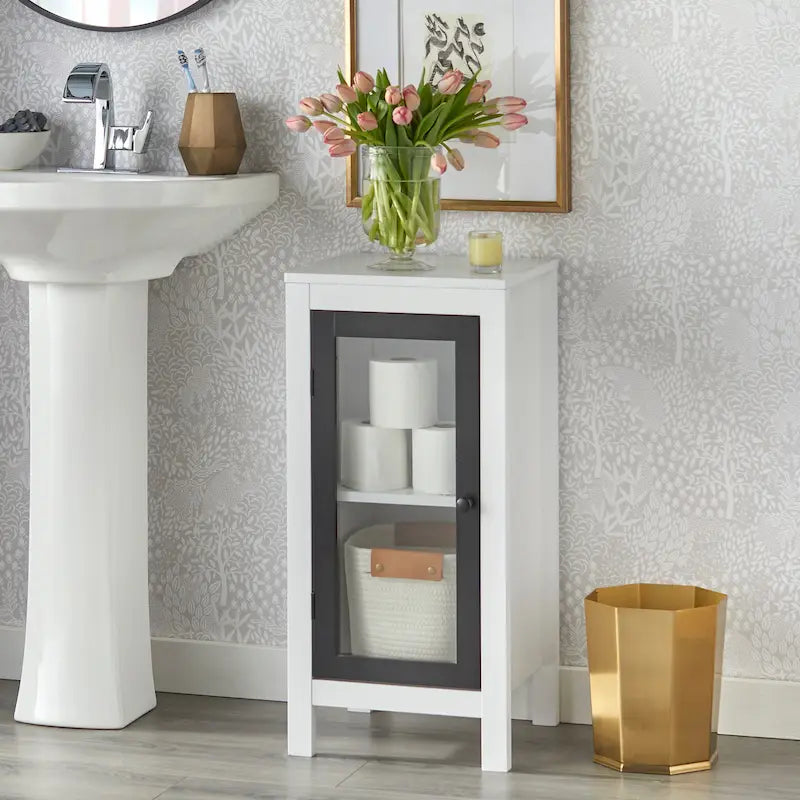 White Floor-Standing Storage Cabinet With Tempered Glass Doors And Adjustable Shelves – A Simple And Modern Style.