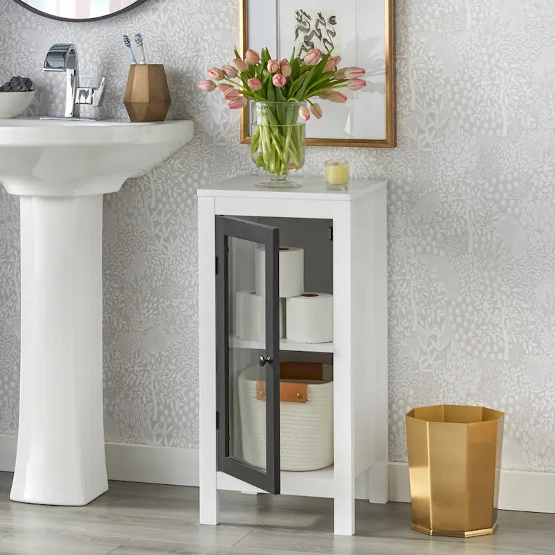 White Floor-Standing Storage Cabinet With Tempered Glass Doors And Adjustable Shelves – A Simple And Modern Style.