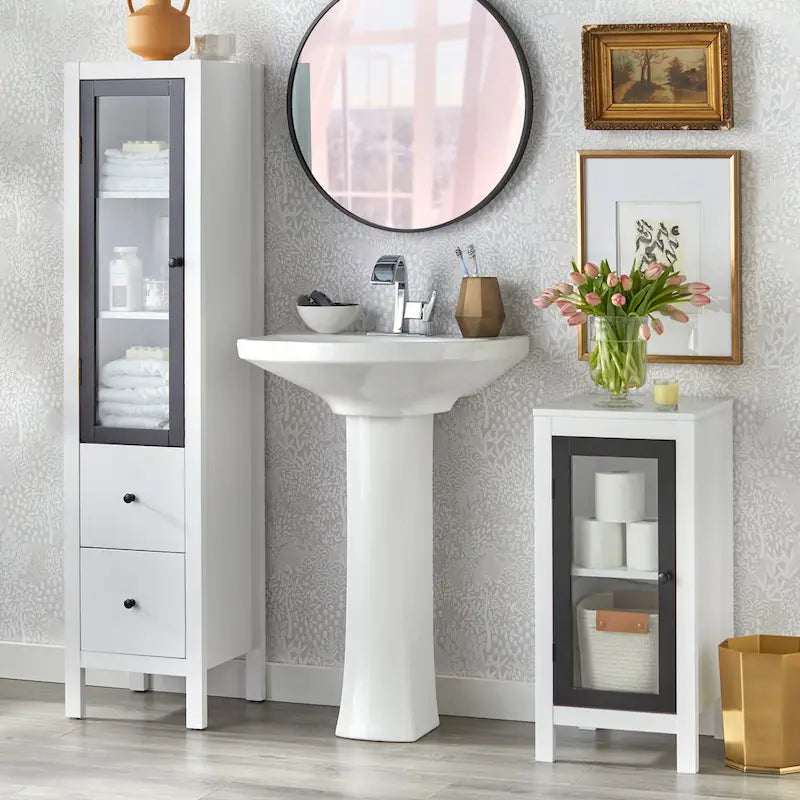 White Floor-Standing Storage Cabinet With Tempered Glass Doors And Adjustable Shelves – A Simple And Modern Style.