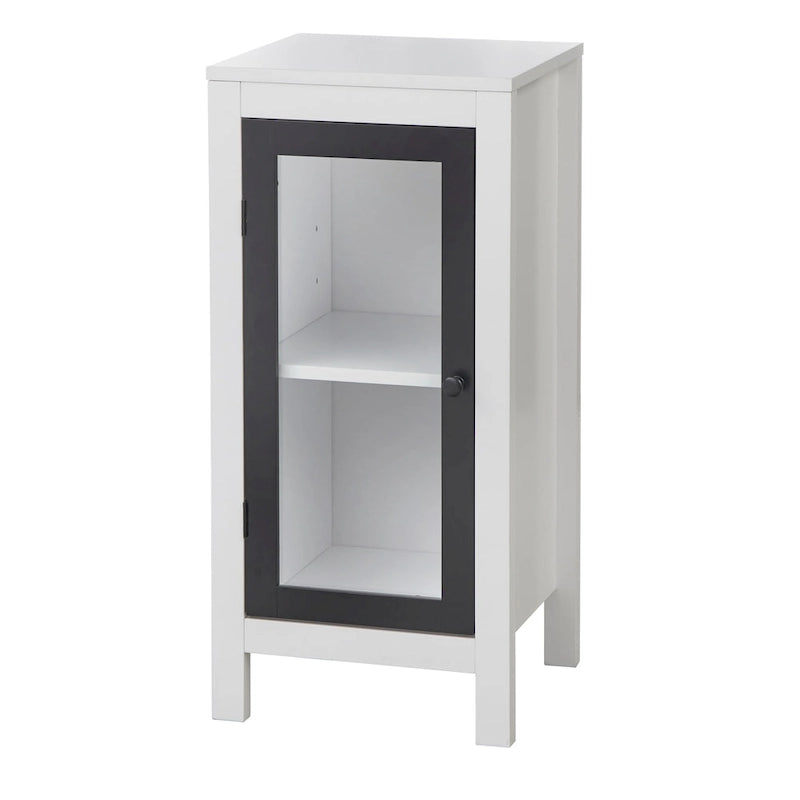 White Floor-Standing Storage Cabinet With Tempered Glass Doors And Adjustable Shelves – A Simple And Modern Style.