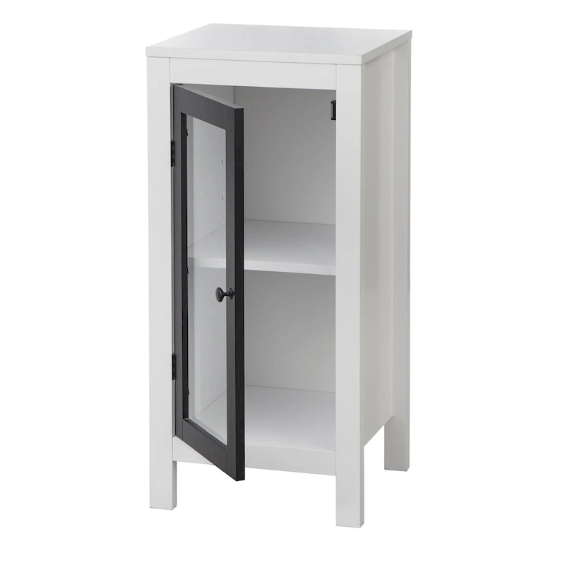 White Floor-Standing Storage Cabinet With Tempered Glass Doors And Adjustable Shelves – A Simple And Modern Style.