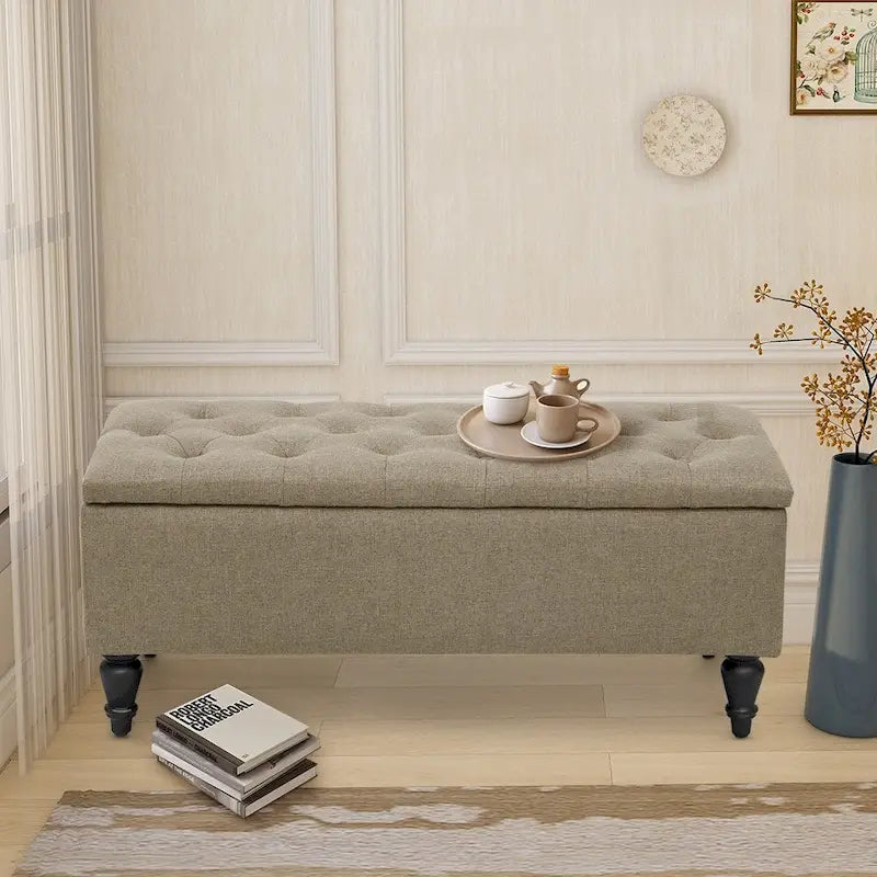 Fabric upholstered bench with storage function