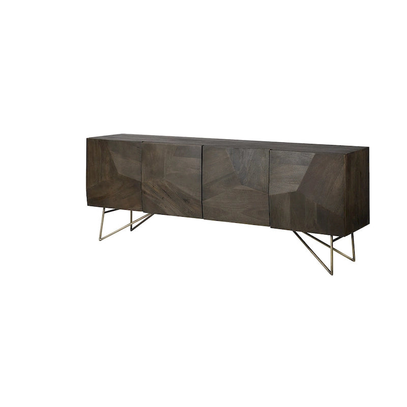 Brown Solid Wood Four-Door Sideboard With A Gold Metal Base.