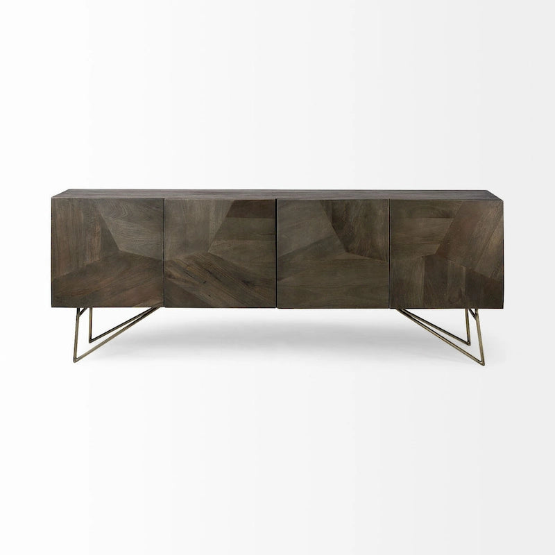 Brown Solid Wood Four-Door Sideboard With A Gold Metal Base.