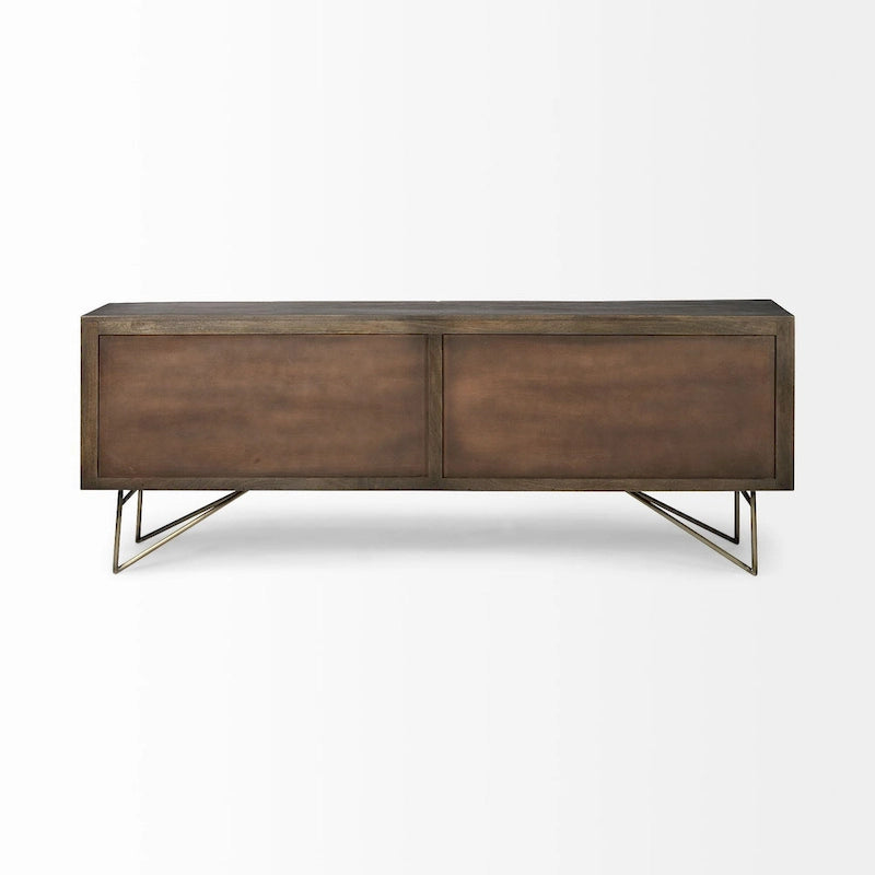 Brown Solid Wood Four-Door Sideboard With A Gold Metal Base.